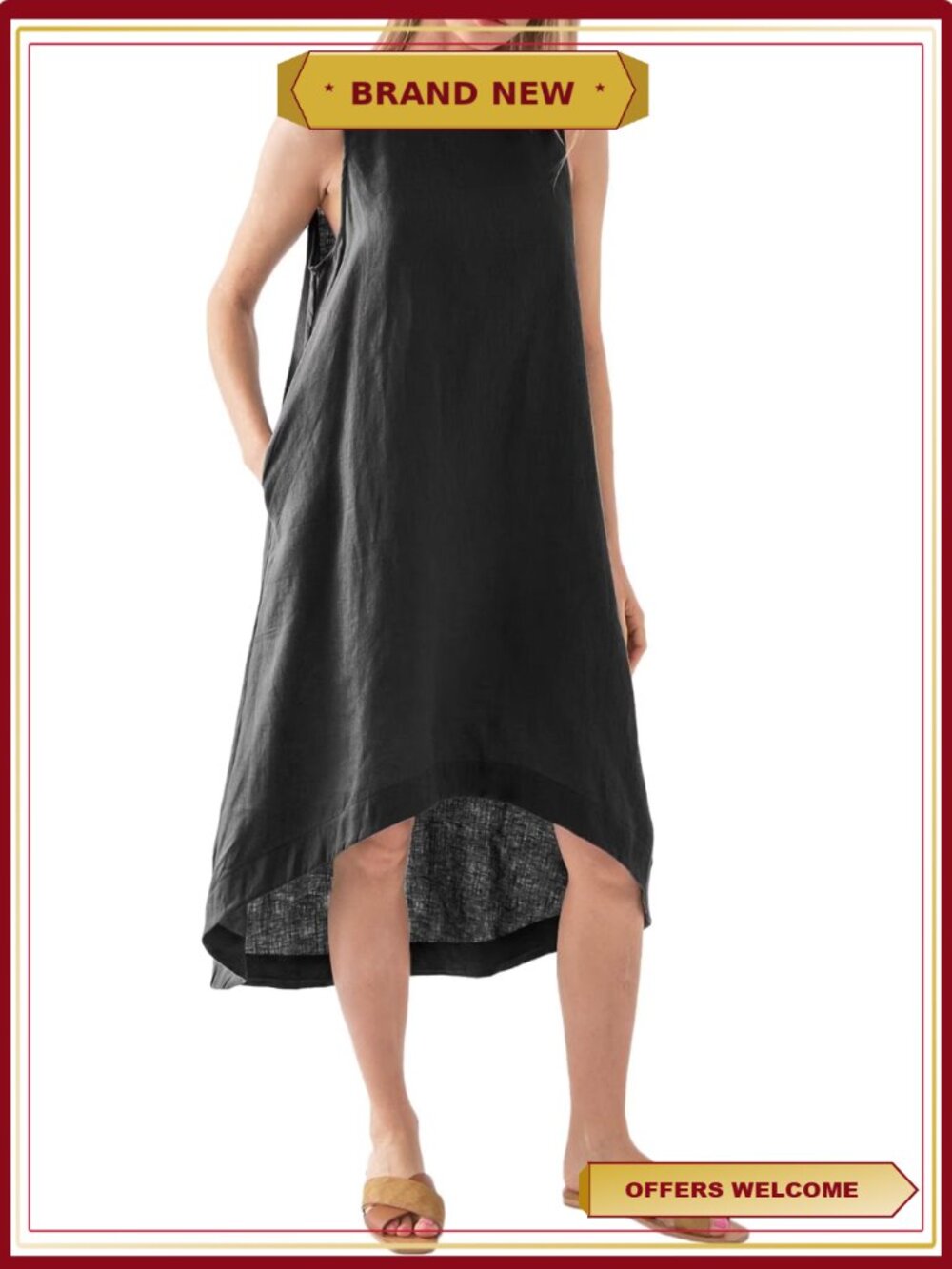 Women's 100% Linen High Low Midi Dress Sleeveless Sundress with Pockets